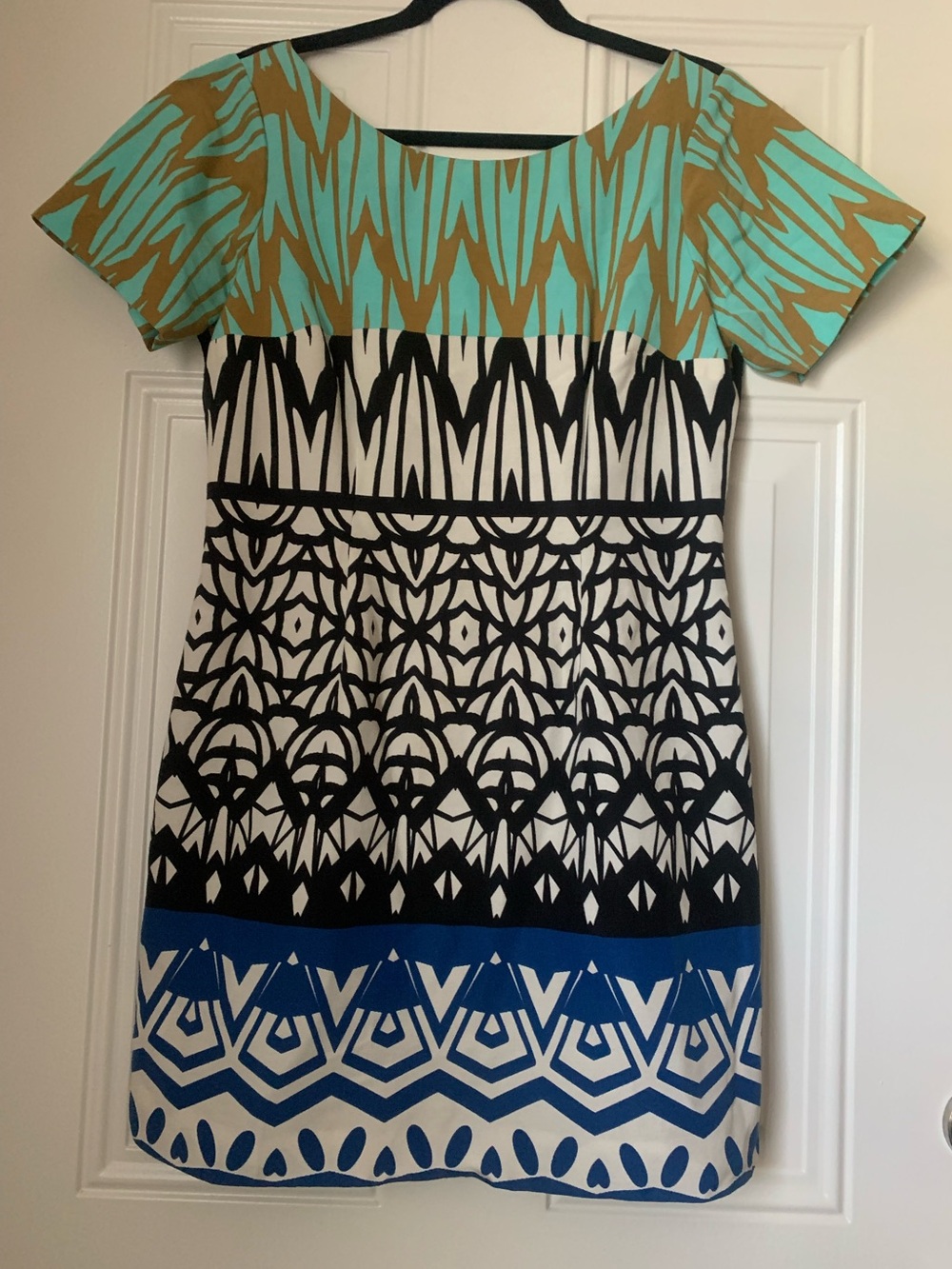 Plenty by Tracy Reese Aqua, Ivory, Black & Blue Short-Sleeve Mini Dress Size M